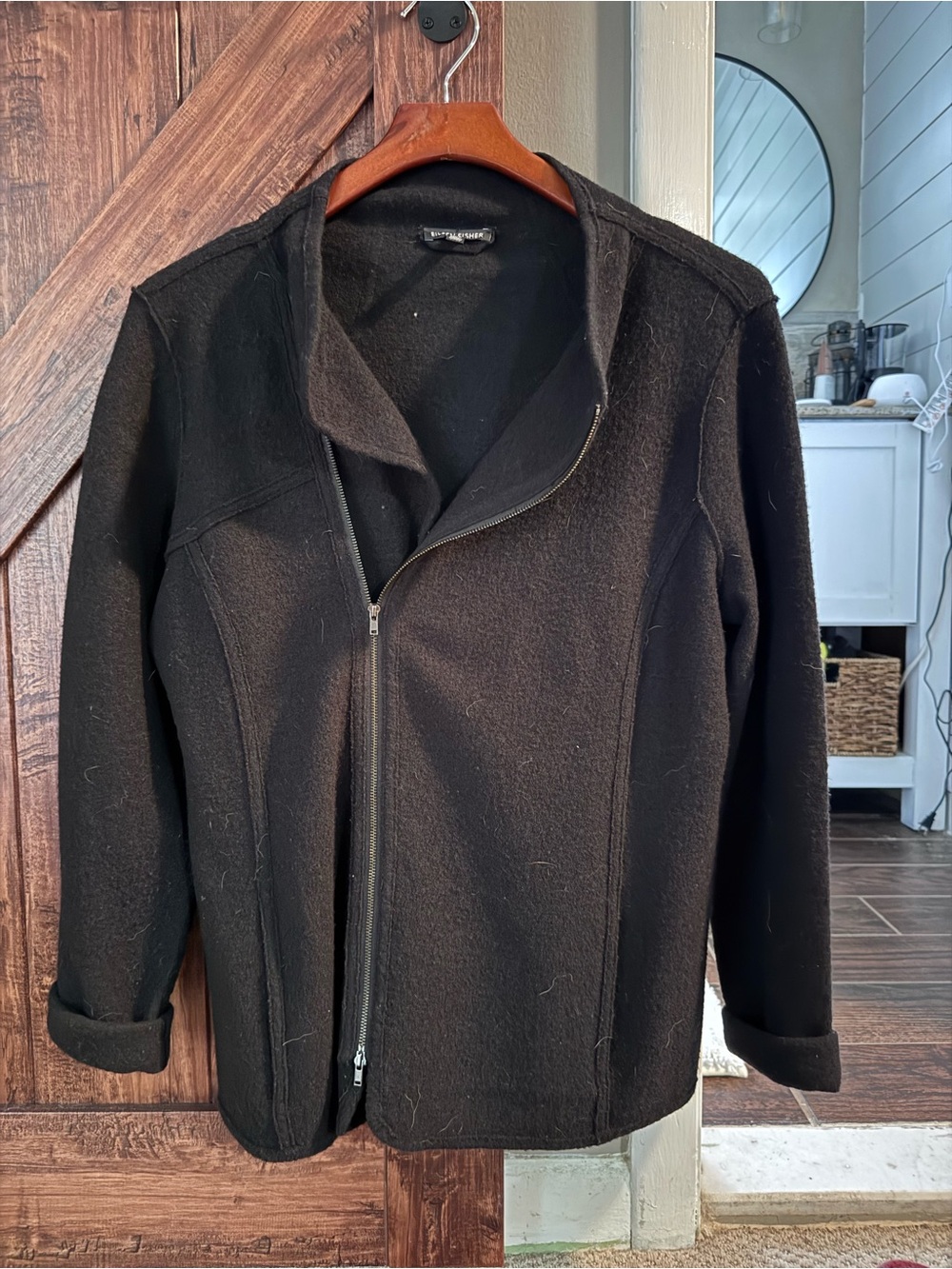 Eileen Fisher Black merino wool moto sweater